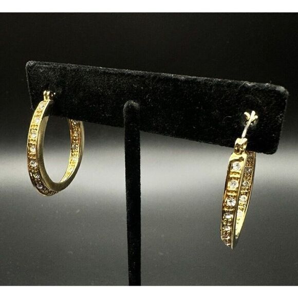 No Brand Jewelry - Vintage Gold Tone Earrings Signed SP Rhinestone Classic Oval Hoop